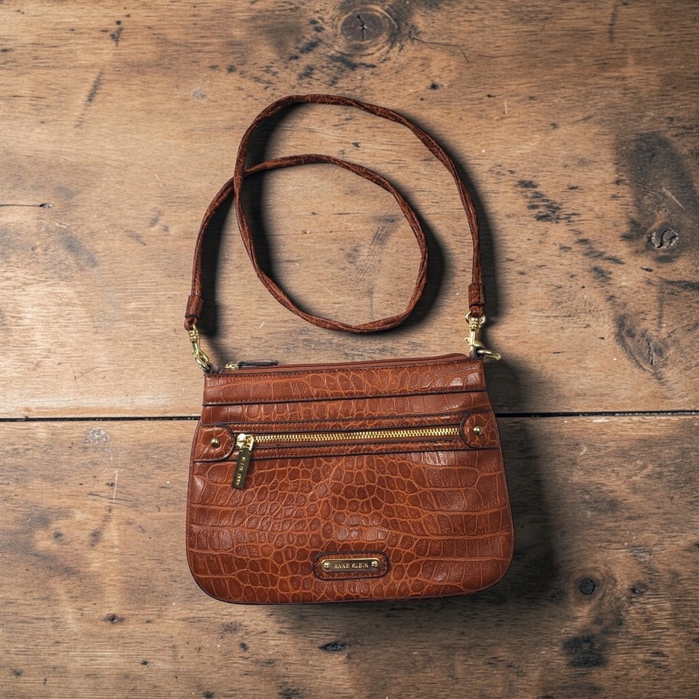 Anne Klein Cognac Brown Crocodile Embossed Crossbody Bag Gold Hardware‎